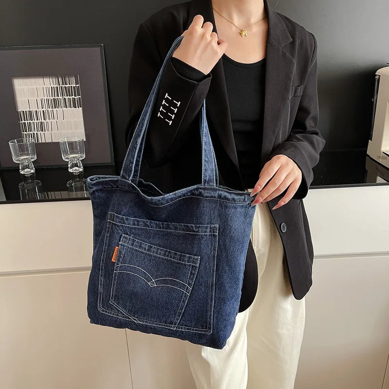 Denim Tote Bag – Large Capacity Shoulder Bag with Pocket
