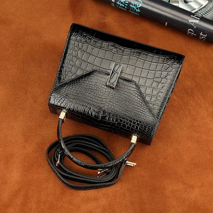 Crocodile Leather Top Handle Crossbody Bag – Black