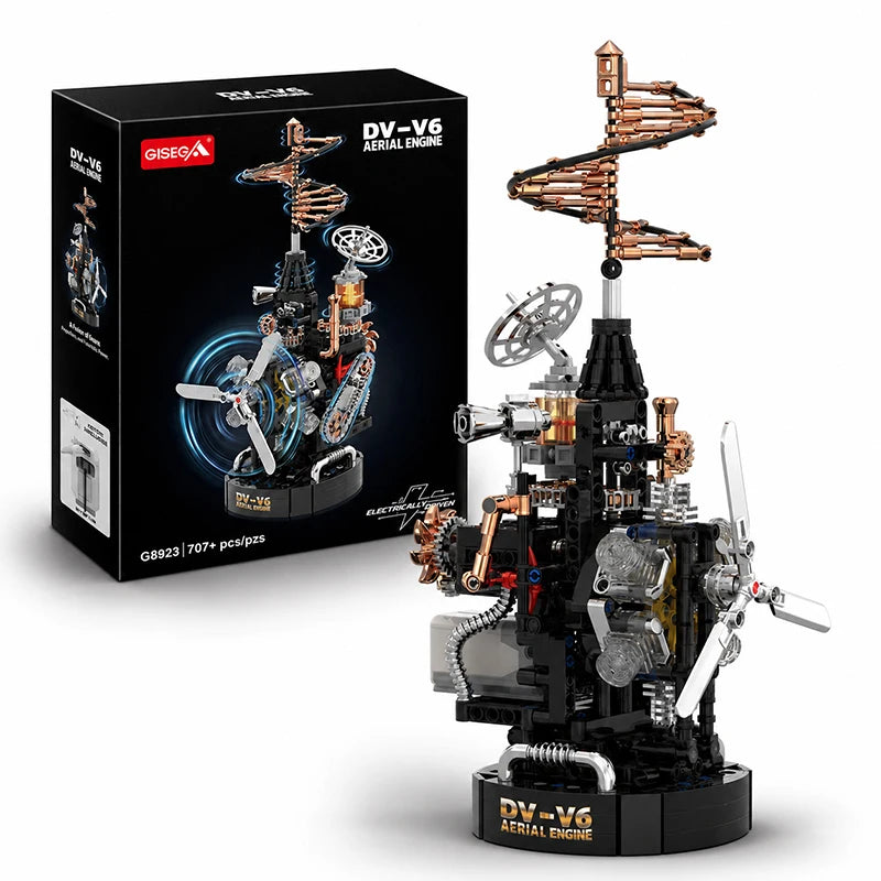 DV-V6 Aerial Engine MOC Building Block Set 707 Pcs Steampunk Motorized Model