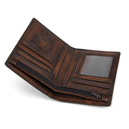 Men's Genuine Leather Slim Trifold Wallet – Retro Western Style Card Holder
