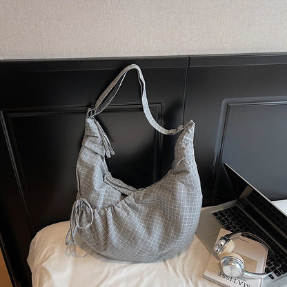 Large Canvas Plaid Shoulder Bag Pleated Hobo Crossbody Tote