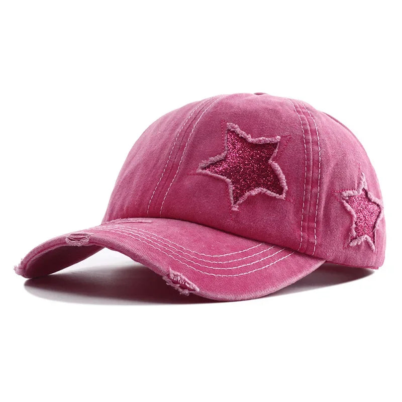 Ponytail Baseball Cap Star Patch Distressed Snapback Women Hat
