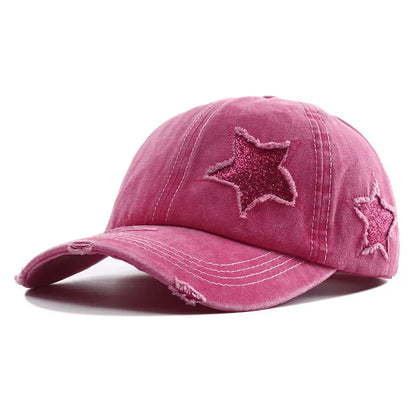 Ponytail Baseball Cap Star Patch Distressed Snapback Women Hat