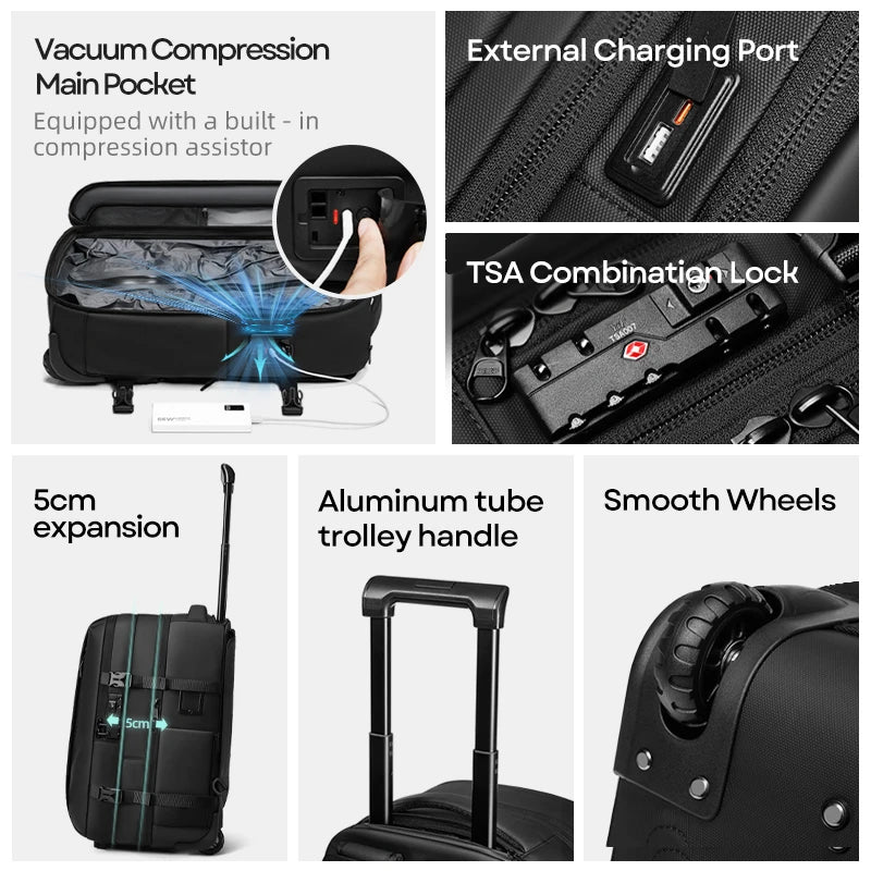 Vacuum Compression Travel Backpack with Wheels – Large Capacity Trolley Luggage Bag