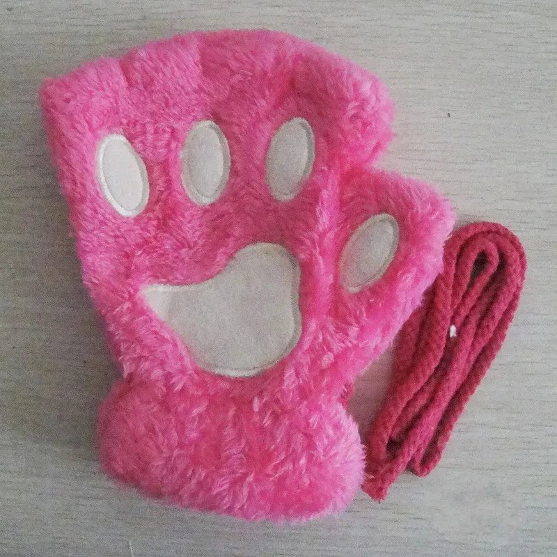 Winter Gloves Women Bear Plush Cat Paw Claw Cute Kitten Fingerless Mittens Christmas Halloween Girls
