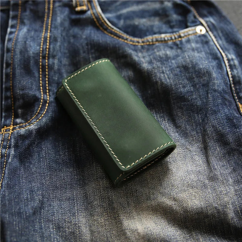 Leather Key Holder Card Case – Handmade Vintage Men's Keychain Wallet