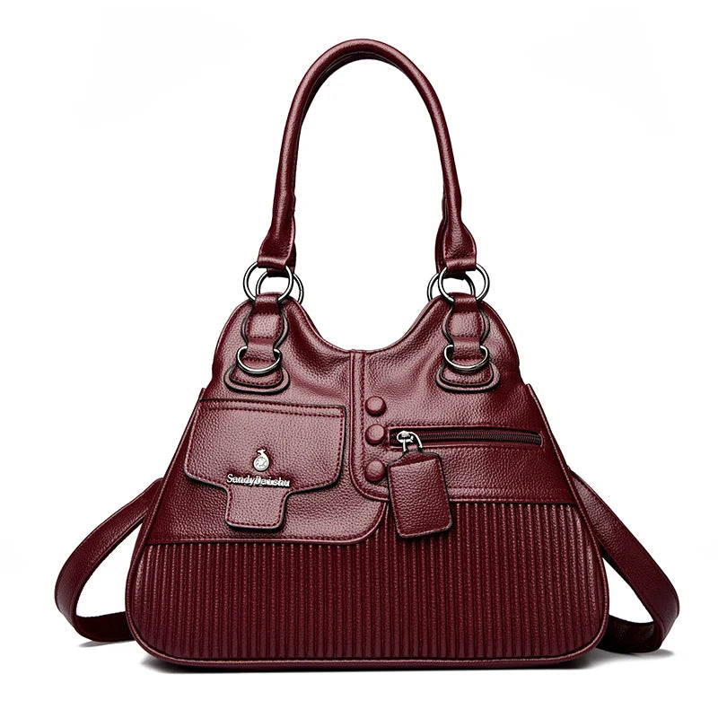 Vegan Leather Tote Handbag with Multi-Pocket & Crossbody Strap