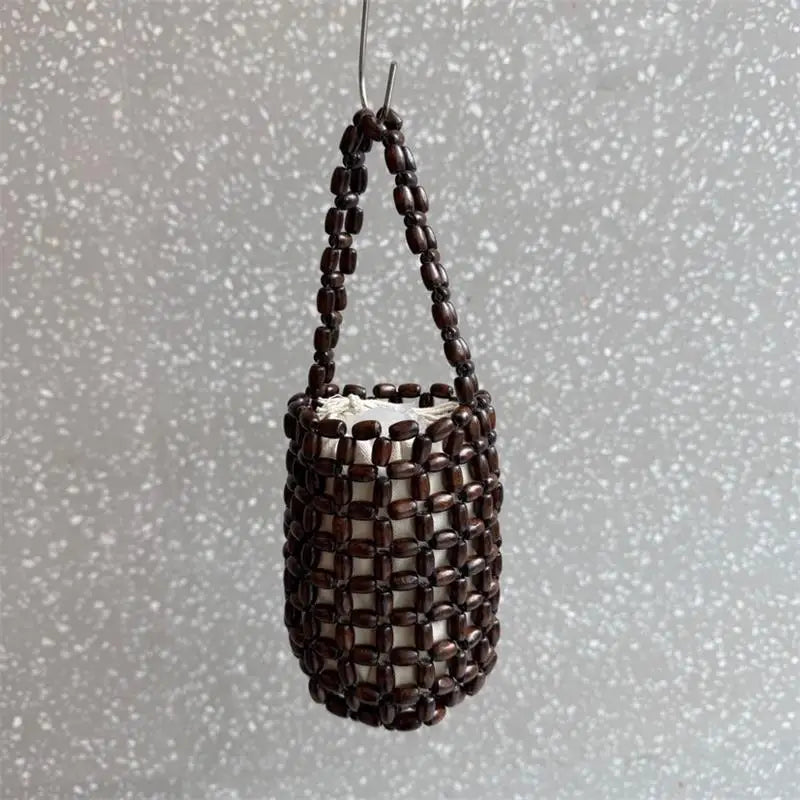 Handmade Wooden Bead Woven Bucket Bag – Mini Hollow Handbag for Women