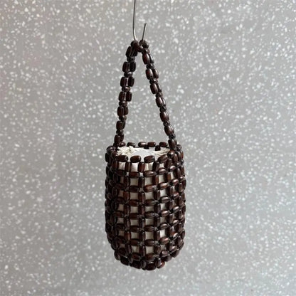 Handmade Wooden Bead Woven Bucket Bag – Mini Hollow Handbag for Women