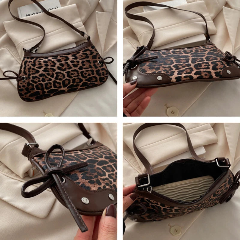 Leopard Print Bow Shoulder Bag – Retro Underarm Handbag for Women