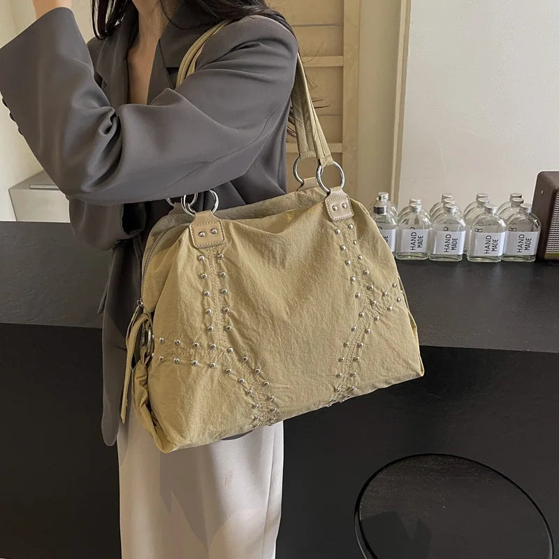 Women's Nylon Rivet Tote Bag – Large Shoulder Commuter Handbag