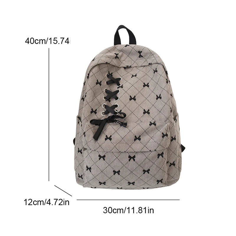Corduroy Bow Print Backpack for Women – Large Laptop School Bag