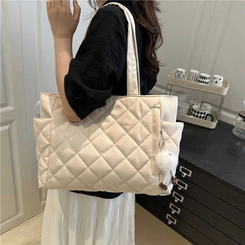 Cotton Shoulder Bag - Large Capacity Diamond Pattern Tote for Women
