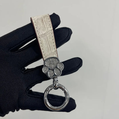 Genuine Crocodile Leather Cat Paw Rhinestone Keychain