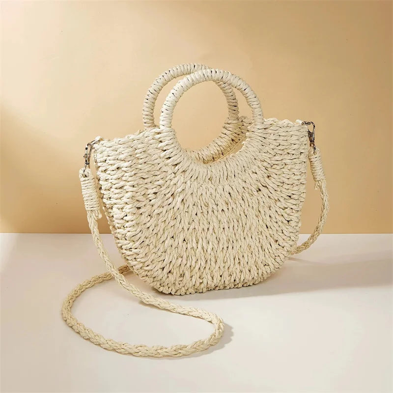 Moon-Shaped Straw Handbag – Handmade Women Beach & Crossbody Bag
