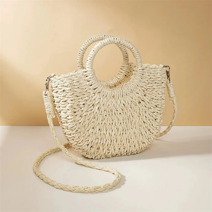 Moon-Shaped Straw Handbag – Handmade Women Beach & Crossbody Bag