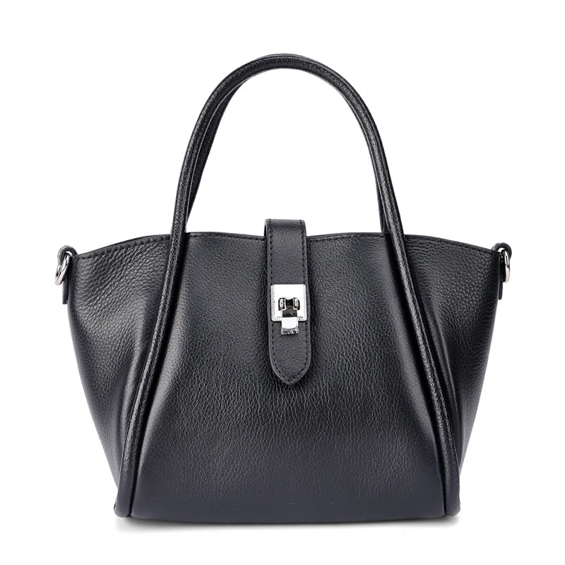 Genuine Leather Mini Tote Bag for Women – Cowhide Shoulder Handbag with Lock Closure