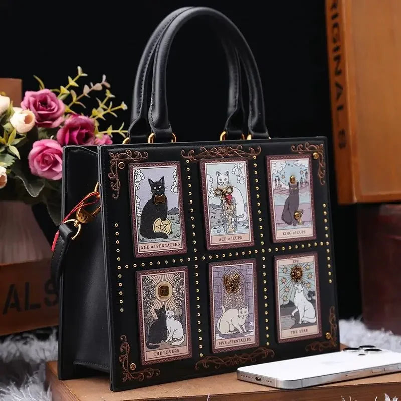 Retro Cat Square Shoulder Bag – Women's Top Handle Tote Briefcase