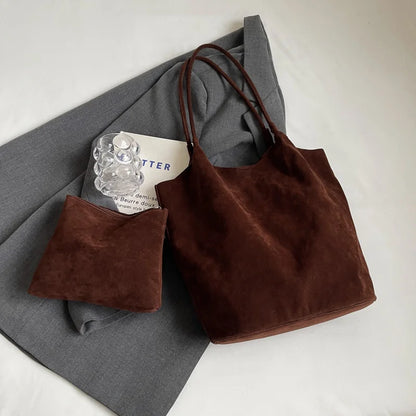 Suede Tote Bag – Women's Retro Large Shoulder Bag with Pouch