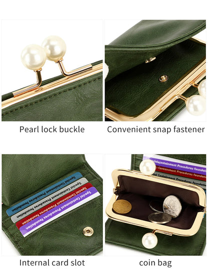 Pearl Kiss-Lock Women's Trifold Wallet – Large Capacity PU Leather