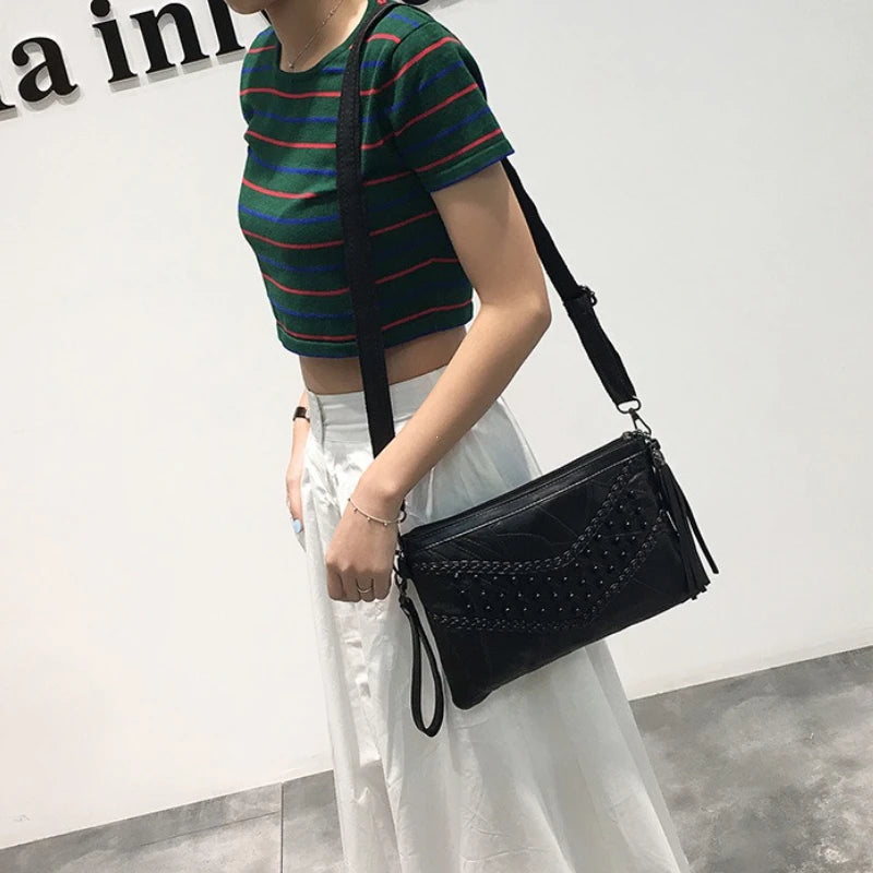 Tassel Leather Crossbody Bag – Women's Studded Clutch Purse