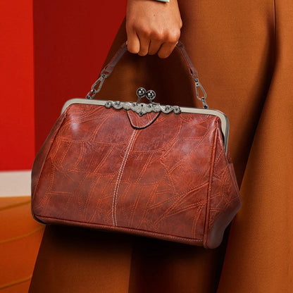 Luxury Leather Kiss-Lock Crossbody Handbag for Women