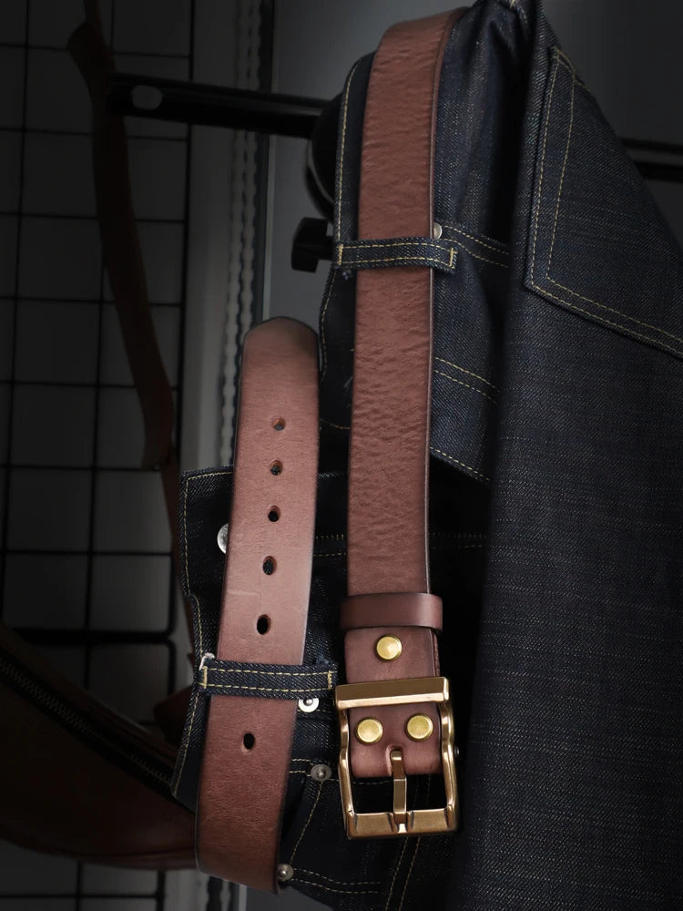 Genuine Leather Men's Belt with Brass Buckle – Handmade Cowhide