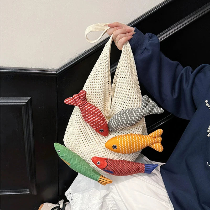 Fish Knit Tote Bag – Crochet Shoulder Bag with 3D Fish