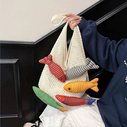 Fish Knit Tote Bag – Crochet Shoulder Bag with 3D Fish