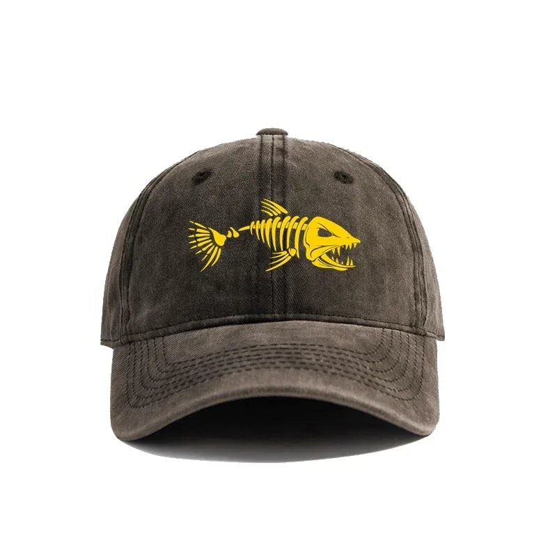 Fish Bone Baseball Cap Distressed Washed Cotton Fishing Hat