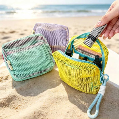 Mesh Beach Pouch with Wrist Strap – Clear Travel Cosmetic Bag