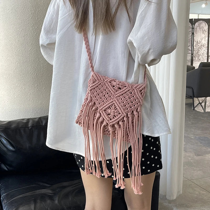Macrame Tassel Crossbody Bag for Women – Woven Beach Bag