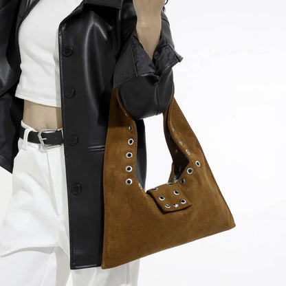 Suede Shoulder Bag – Women's Retro Hobo Bag with Eyelet Detail