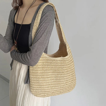 Paper Straw Woven Hobo Bag – Large Capacity Shoulder Tote for Women
