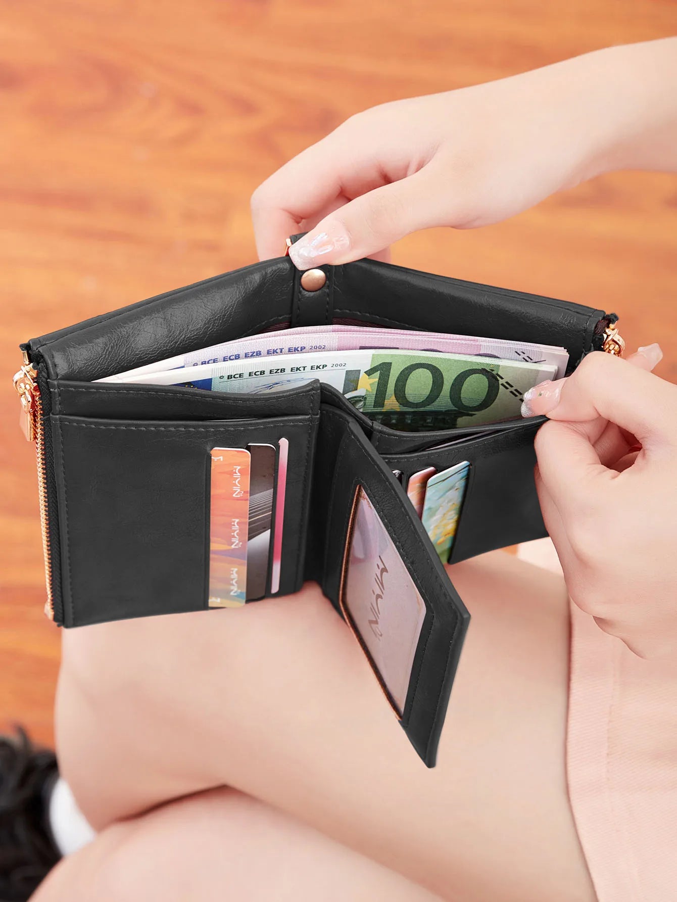 Women's Double Zipper Short Wallet with Detachable Chain