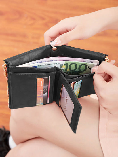 Women's Double Zipper Short Wallet with Detachable Chain