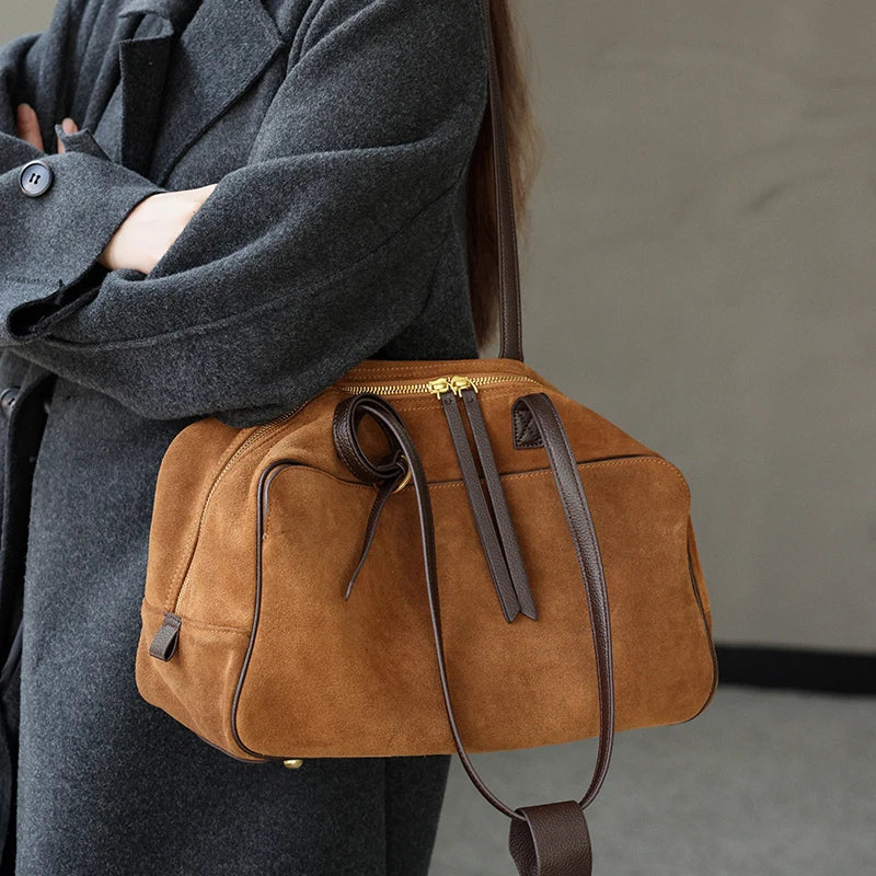 Genuine Suede Leather Tote Bag – Large Capacity Cowhide Shoulder Handbag