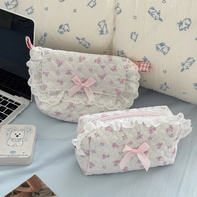 Floral Lace Makeup Bag – Cute Bow Cosmetic Pouch for Women