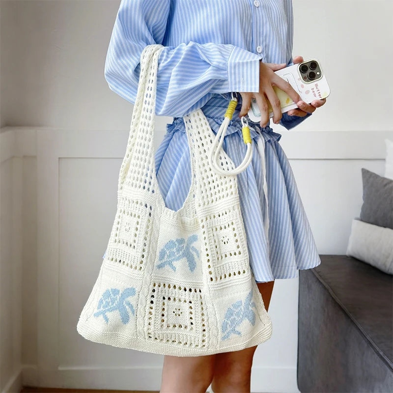 Knit Turtle Shoulder Bag – Hollow Crochet Beach Tote