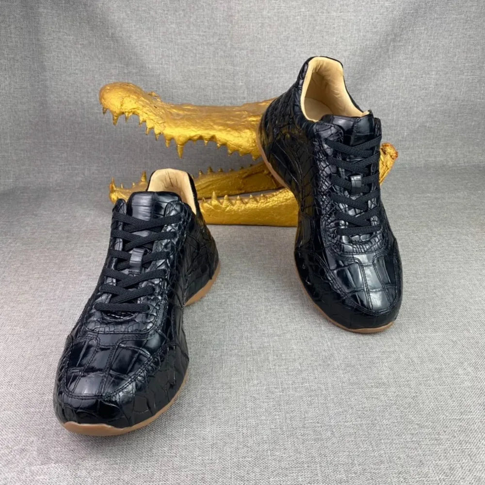 Crocodile Leather Men's Thick-Sole Sneakers – Genuine Lace-Up Casual Shoes