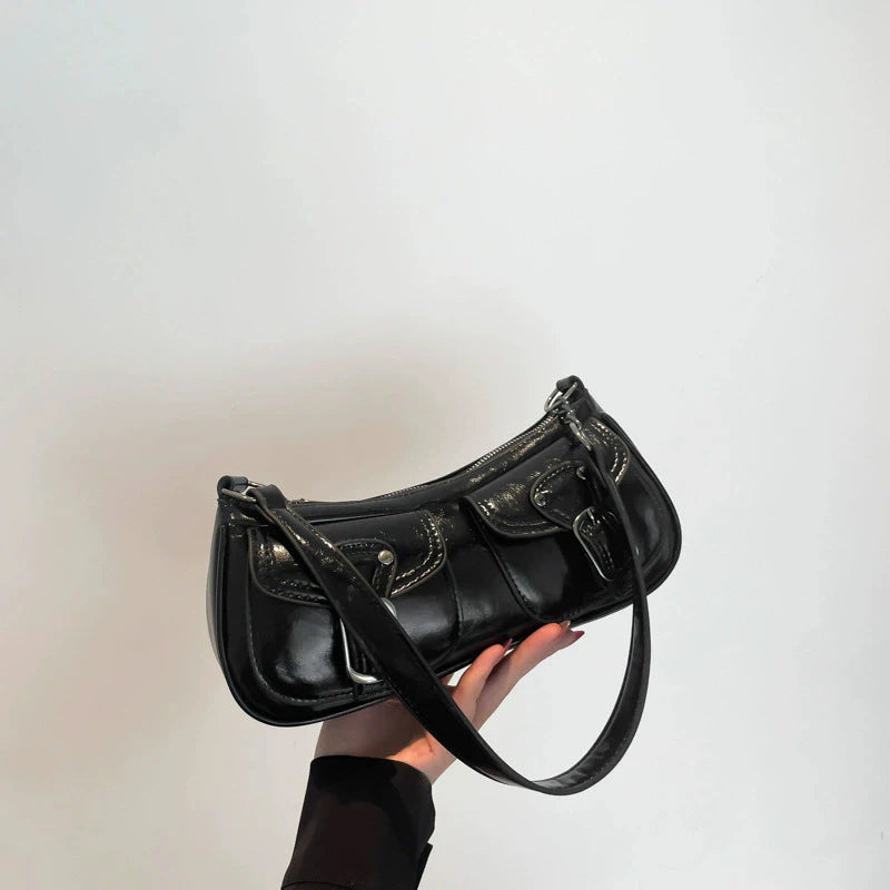 Women's Retro Leather Shoulder Bag with Buckle Detail
