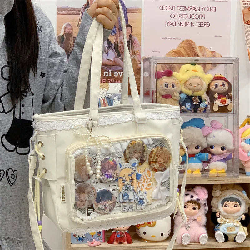 Anime Ribbon Shoulder Bag Large Capacity Cute Soft Girl Tote Handle Comfortable Versatile Texture