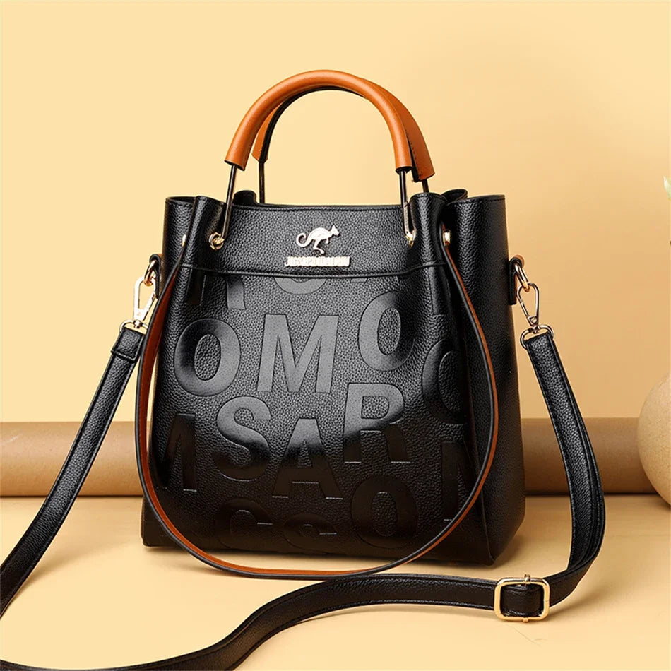 Letter-Embossed PU Leather Women's Handbag – 3-Layer Luxury Tote