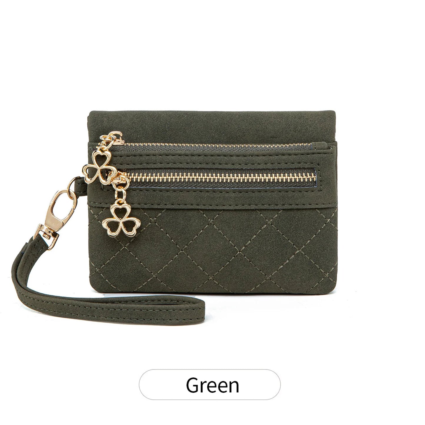 Women's Quilted PU Leather Bi-Fold Wallet with Wristlet & Zipper