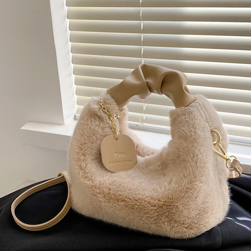 Faux Fur Plush Half-Moon Bag – Ruched Handle Shoulder & Crossbody
