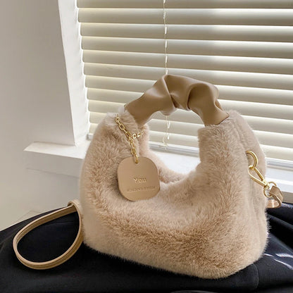 Faux Fur Plush Half-Moon Bag – Ruched Handle Shoulder & Crossbody