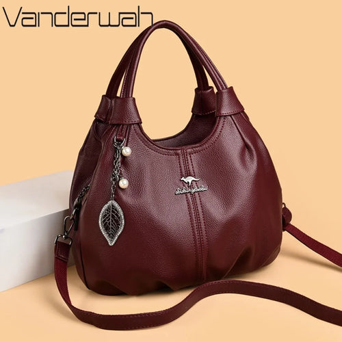 Lychee Leather Hobo Handbag – 3-Layer Shoulder & Crossbody Bag with Leaf Pendant