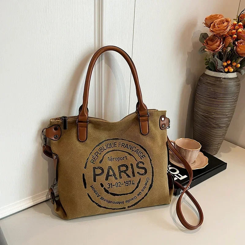 Vintage Paris Canvas Tote Bag – Large Crossbody Shoulder Bag
