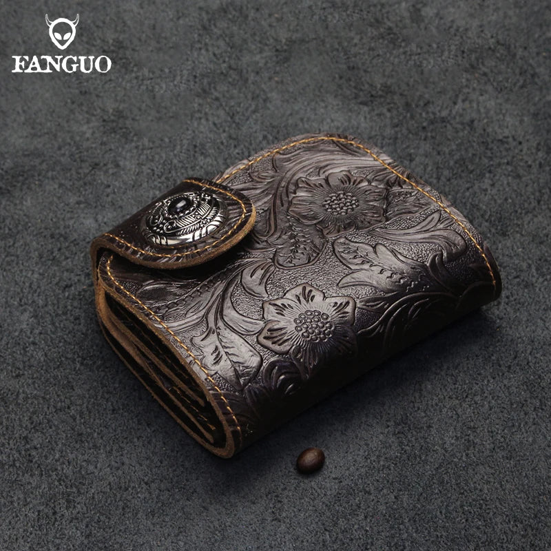 Genuine Leather Men's Short Wallet – Floral Embossed Bifold with Coin Purse