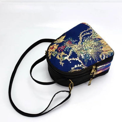 Embroidered Canvas Crossbody Bag – Vintage Peacock Sequin Satchel